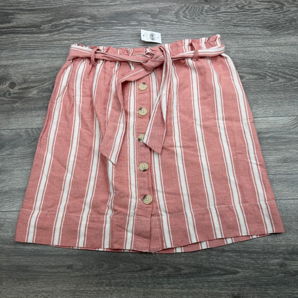 Ann Taylor LOFT Skirt Women Small Pink Striped Paperbag Waist Button Linen Blend